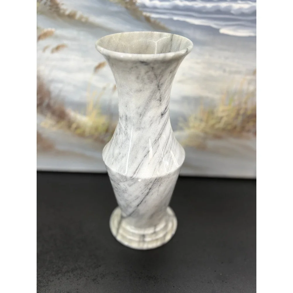 Gray White Marble Stone Vase Tapered Polished Decorative Bud Vase 8 Inch